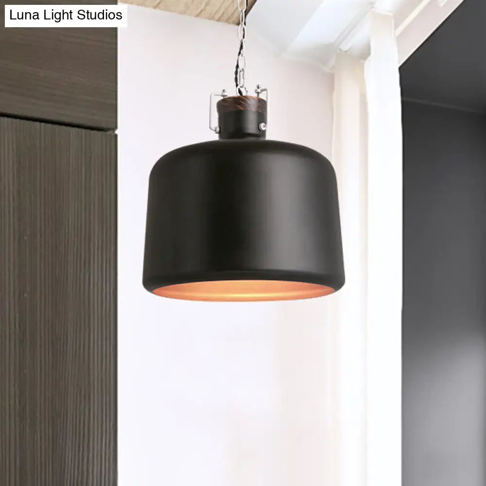 Industrial Iron Pendant Light Fixture - Bucket Restaurant 1 Bulb Suspension Lamp (Black/White)