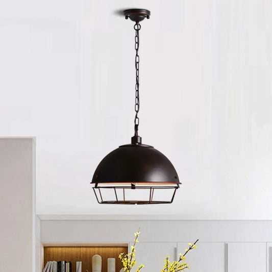 Industrial Iron Pendant Light Fixture with Aged Silver/Black Finish - Bowl Shape, Hooded Cage - Ideal for Restaurants