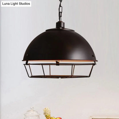 Industrial Iron Pendant Light Fixture with Aged Silver/Black Finish - Bowl Shape, Hooded Cage - Ideal for Restaurants