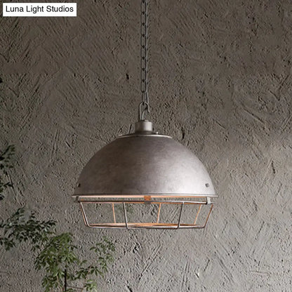 Industrial Iron Pendant Light Fixture with Aged Silver/Black Finish - Bowl Shape, Hooded Cage - Ideal for Restaurants