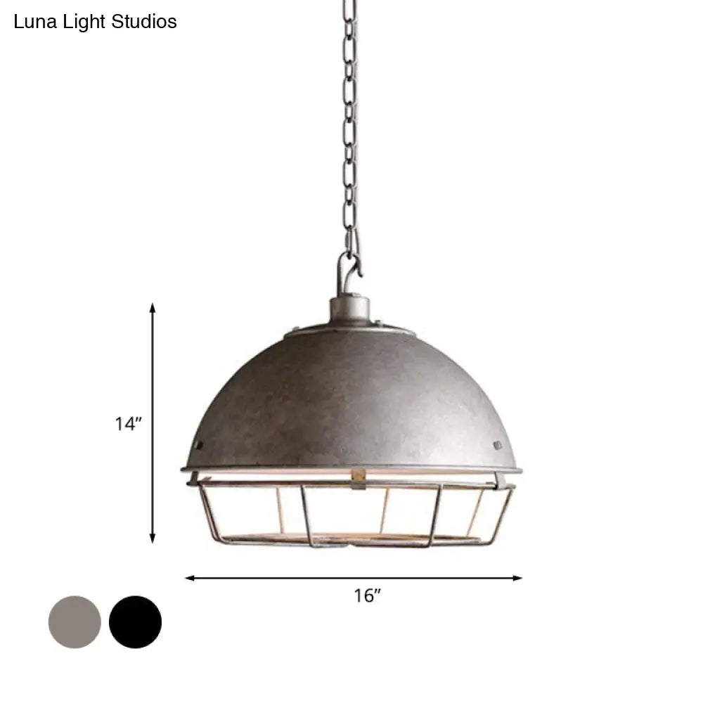 Industrial Iron Pendant Light Fixture with Aged Silver/Black Finish - Bowl Shape, Hooded Cage - Ideal for Restaurants