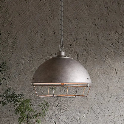 Industrial Iron Pendant Light Fixture with Aged Silver/Black Finish - Bowl Shape, Hooded Cage - Ideal for Restaurants