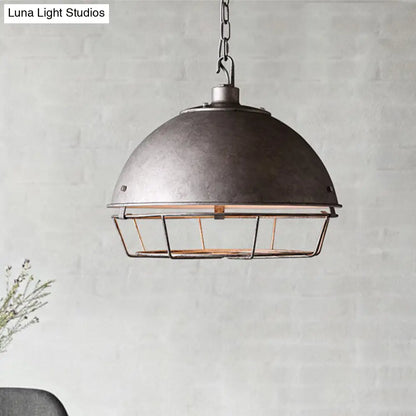 Industrial Iron Pendant Light Fixture with Aged Silver/Black Finish - Bowl Shape, Hooded Cage - Ideal for Restaurants