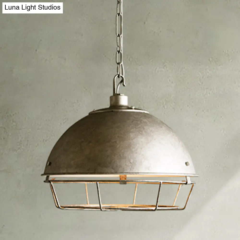 Industrial Iron Pendant Light Fixture with Aged Silver/Black Finish - Bowl Shape, Hooded Cage - Ideal for Restaurants