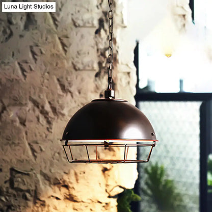 Industrial Iron Pendant Light Fixture with Aged Silver/Black Finish - Bowl Shape, Hooded Cage - Ideal for Restaurants