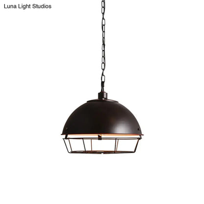 Industrial Iron Pendant Light Fixture with Aged Silver/Black Finish - Bowl Shape, Hooded Cage - Ideal for Restaurants