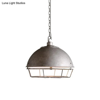 Industrial Iron Pendant Light Fixture with Aged Silver/Black Finish - Bowl Shape, Hooded Cage - Ideal for Restaurants