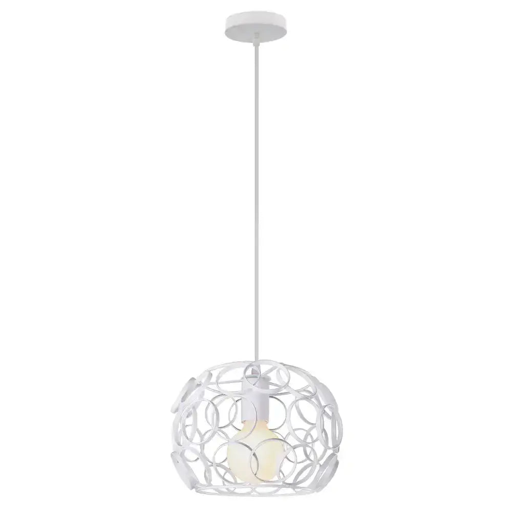 White pendant light with spherical cage design made of interlocking metal rings in decorbites industrial iron pendant style