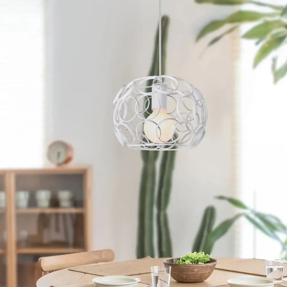White spherical pendant light with intricate circular black wireframe design decorbites industrial iron pendant lights