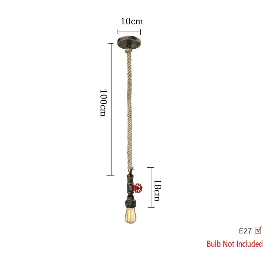Industrial iron pipe pendant light with rustic metal pipe fixture, red valve handle, and beige rope suspension for decorbites iron pipe decor