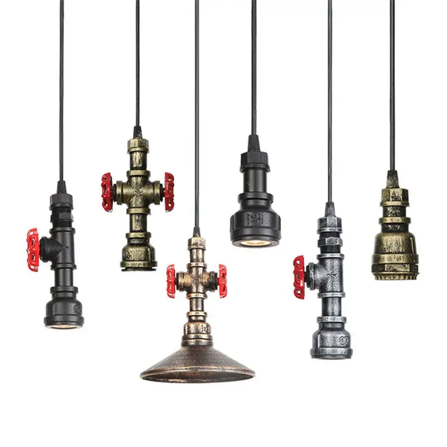 Industrial iron pipe pendant light with black and brass finishes and red valve handles for kitchen decorbites iron pipe decor