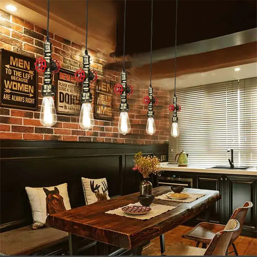 Industrial iron pipe pendant light with black metal pipes red valve accents and clear edison bulbs for kitchen decorbites iron pipe