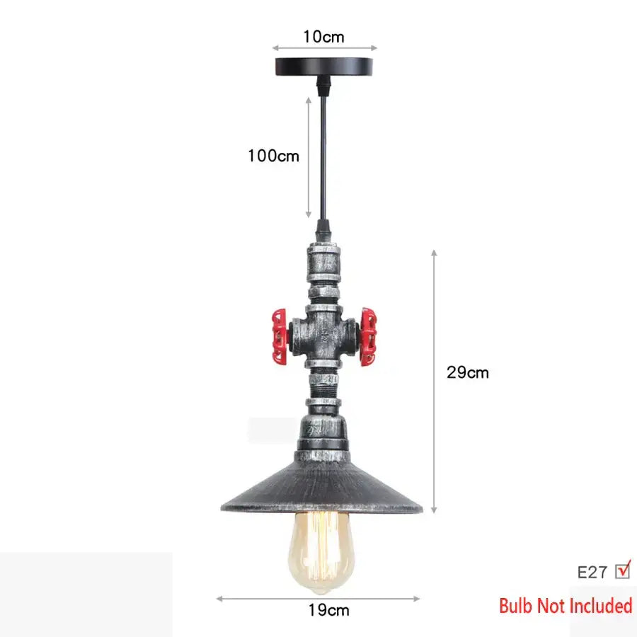 Industrial iron pipe pendant light with black pipe body, red valve handles, and conical shade for kitchen decorbites iron pipe design
