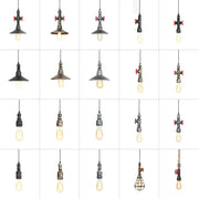 Industrial iron pipe pendant light with black and brass metal fixtures red valve accents and exposed Edison bulbs for kitchen decorbites iron pipe pendant