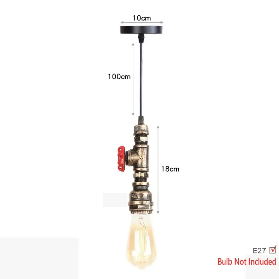 Industrial iron pipe pendant light with brass-finished valve, red handle, and exposed Edison bulb for kitchen decorbites pendant light