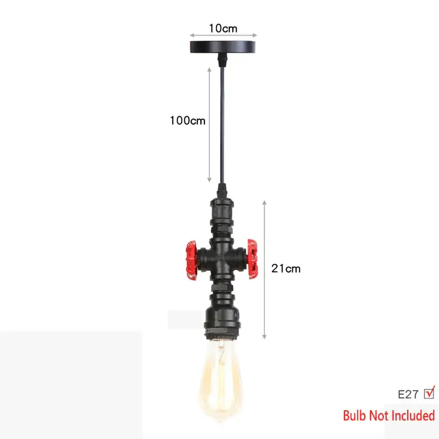 Industrial iron pipe pendant light with black pipes, red valve handles, and visible edison bulb for kitchen decorbites iron pipe