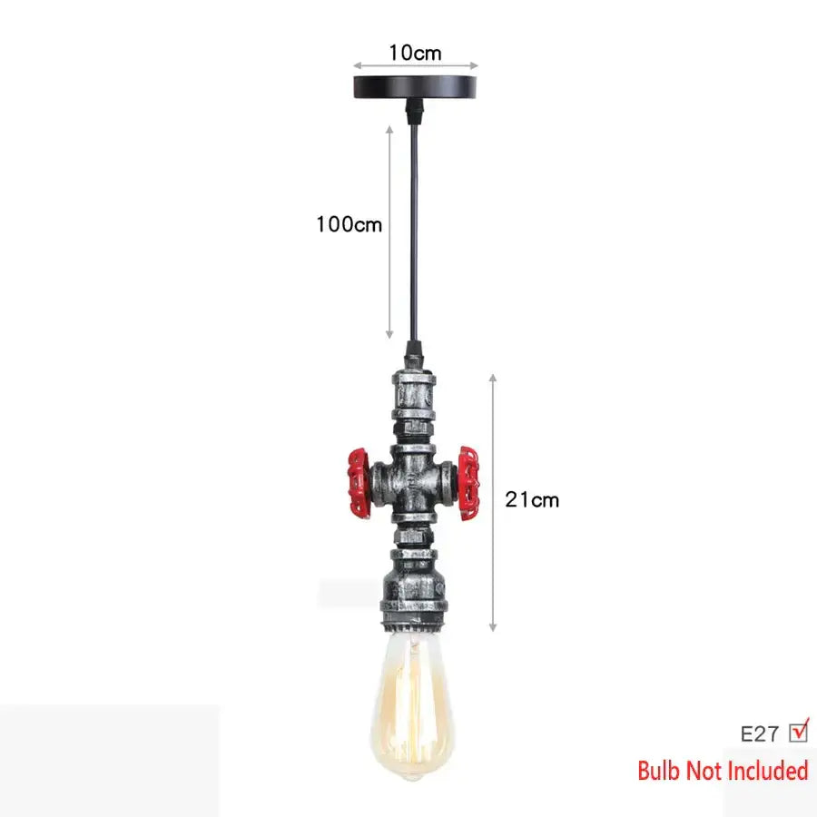 Industrial iron pipe pendant light with black metal pipe valve design red handles and exposed edison bulb decorbites iron pipe