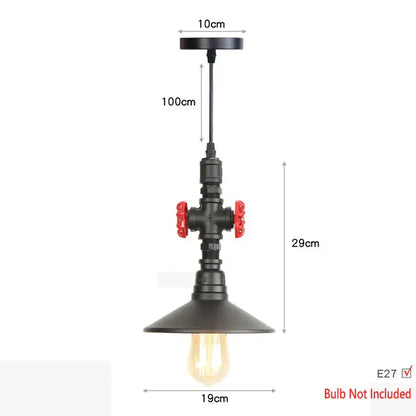 Industrial iron pipe pendant light in black with brass valve accents and vintage edison bulb for kitchen decorbites style