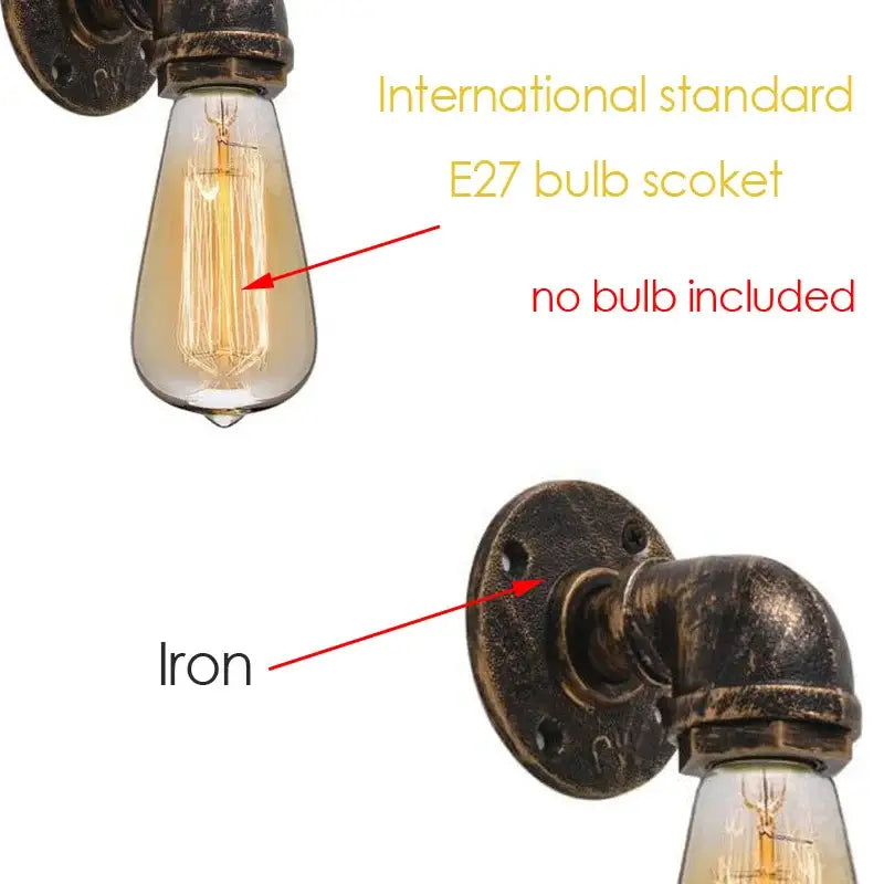 Industrial iron pipe wall sconce with dark aged iron design and exposed brass filament bulb for bedroom decorbites industrial iron