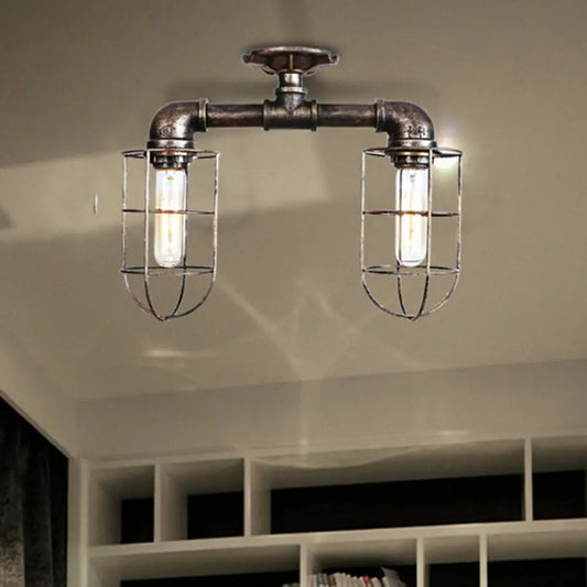 DecorBites™ DecorBites™ Industrial Iron Semi-Mount Ceiling Lighting with 2 Lights in Bronze/Aged Silver Finish
