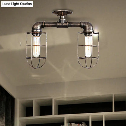DecorBites™ DecorBites™ Industrial Iron Semi-Mount Ceiling Lighting with 2 Lights in Bronze/Aged Silver Finish