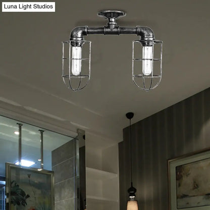 DecorBites™ DecorBites™ Industrial Iron Semi-Mount Ceiling Lighting with 2 Lights in Bronze/Aged Silver Finish