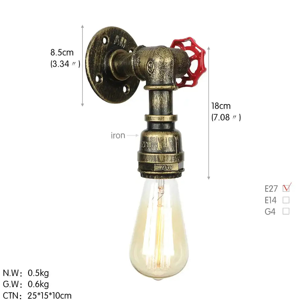 Industrial iron wall lamp with brass pipe and red valve handle featuring exposed edison bulb for bedroom decorbites industrial iron