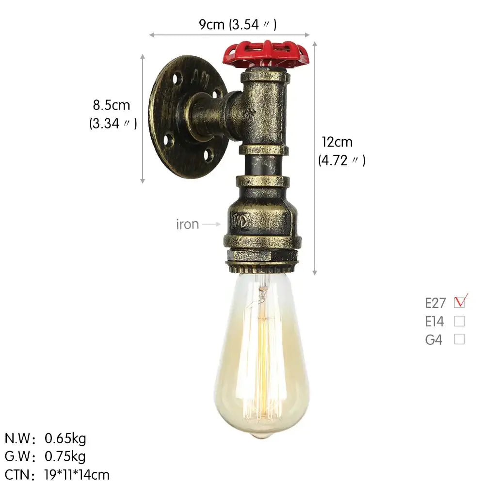 Industrial iron wall lamp with brass pipe design red valve handle and exposed edison bulb for bedroom decorbites industrial iron