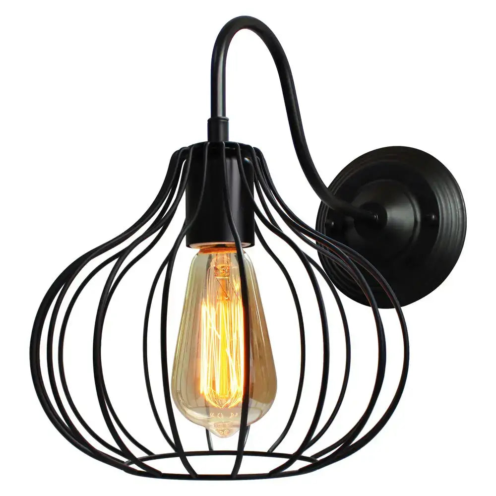 Black wrought iron wall sconce with vintage edison bulb in open wire cage decorbites industrial iron wall light fixture