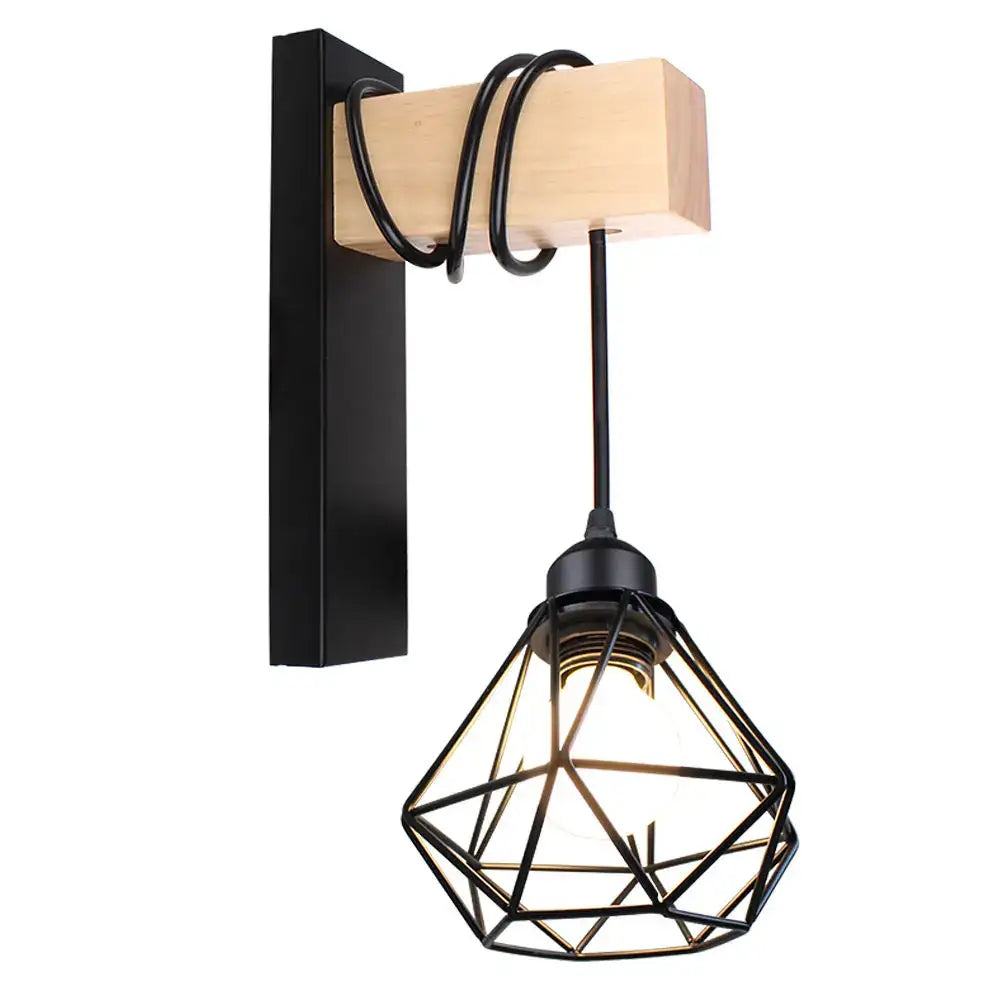 Black metal diamond-shaped wall sconce with wooden pulley and coiled cord decorbites industrial iron wall for cafe decor