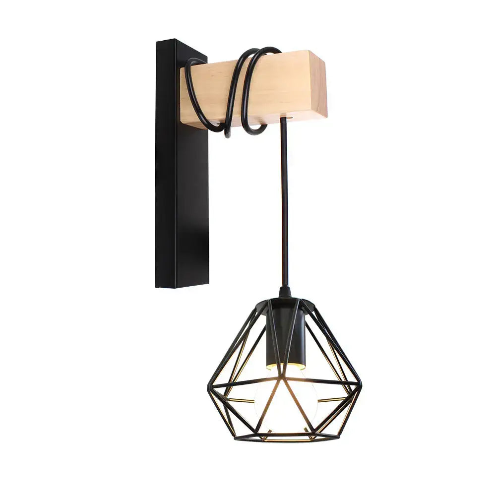 Black metal industrial iron wall sconce with wooden pulley and coiled cord for decorbites industrial iron cafe decor