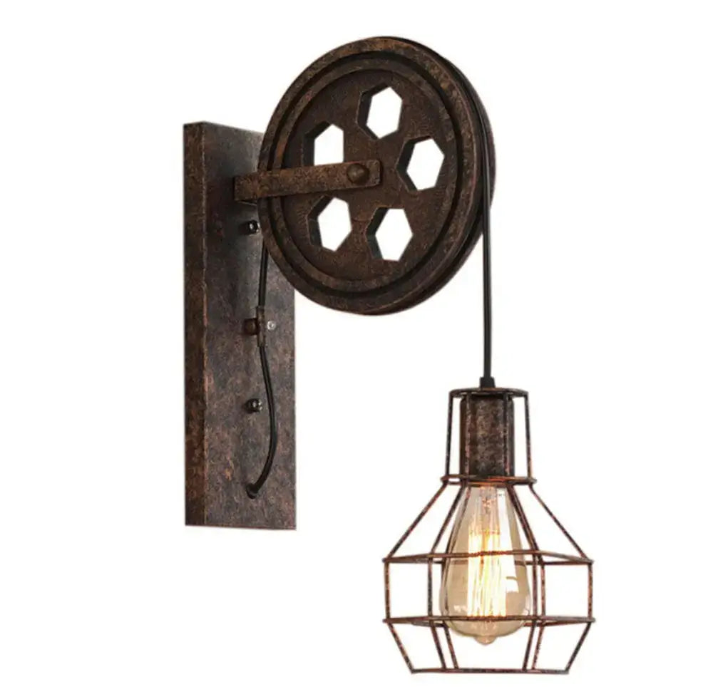 Rustic industrial iron wall sconce with dark bronze cage and wooden pulley ideal for cafe decorbites industrial iron decor