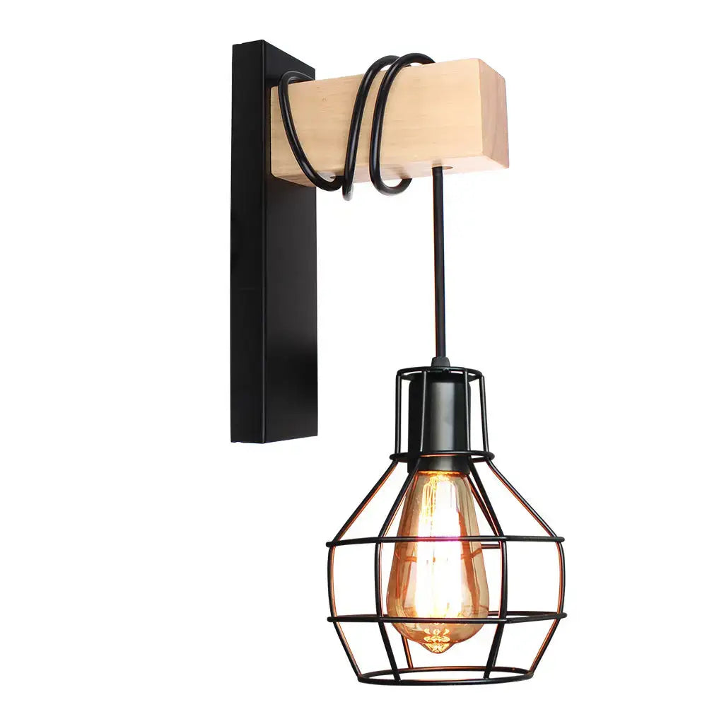 Industrial iron wall sconce with wooden pulley black metal frame and exposed filament bulb for cafe decorbites industrial iron decor