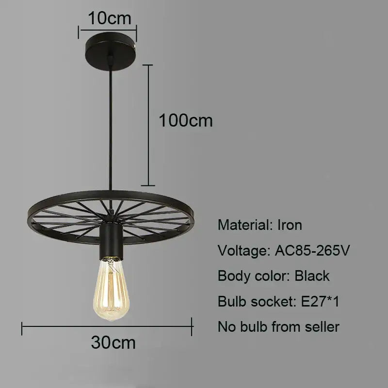 Black iron wheel chandelier pendant light with circular spoke design and exposed Edison bulb for dining room decorbites industrial iron