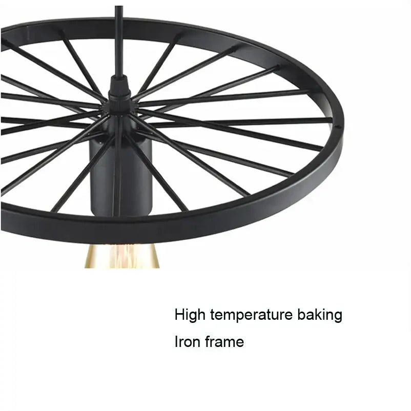 Black iron wheel chandelier with circular design and radial spokes industrial iron wheel pendant light for dining room decorbites industrial iron
