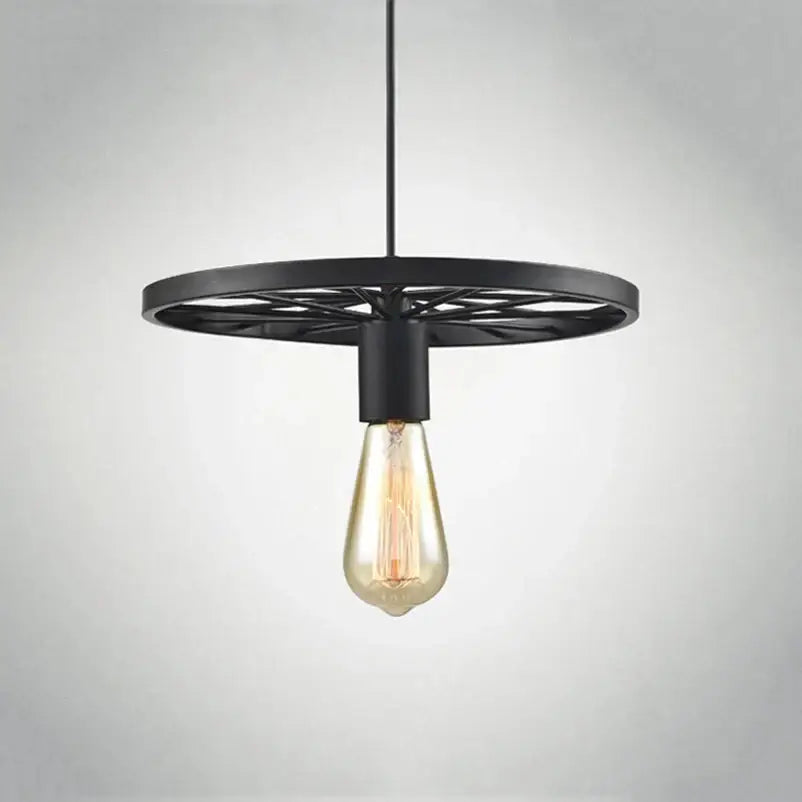 Black metal pendant light with circular spoke design and exposed edison bulb industrial iron wheel chandelier decorbites