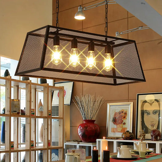 DecorBites™ Industrial Iron Wire Mesh Pendant Light - Black 4-Light Island Lamp for Dining Room