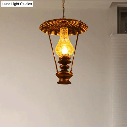 Industrial Lantern Crackle Glass Ceiling Pendant Light for Living Room - 1 Light Hanging