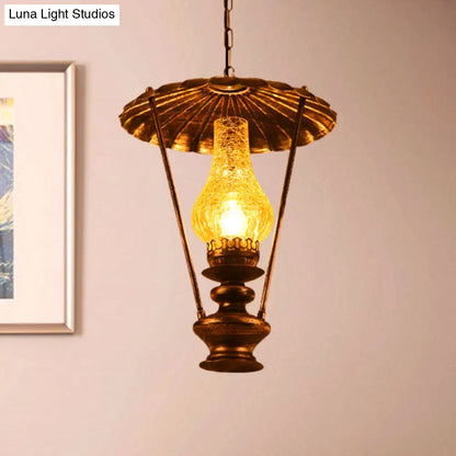 Industrial Lantern Crackle Glass Ceiling Pendant Light for Living Room - 1 Light Hanging