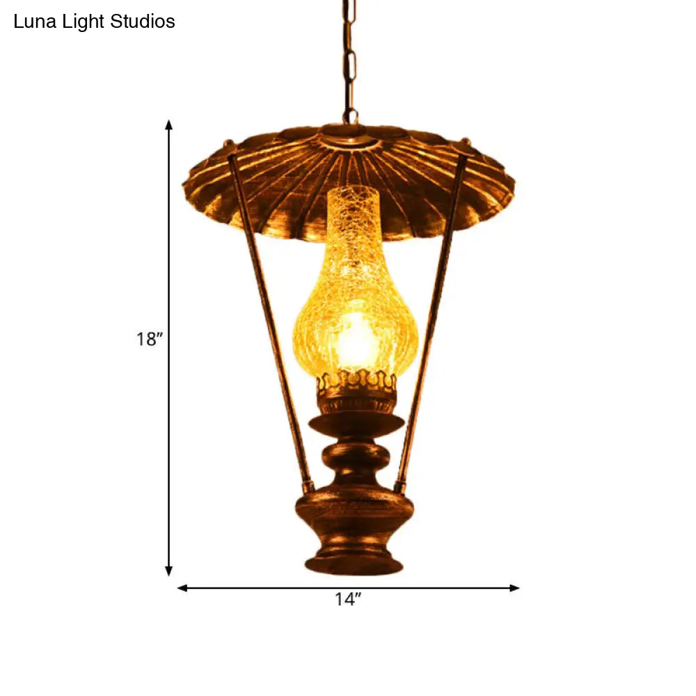 Industrial Lantern Crackle Glass Ceiling Pendant Light for Living Room - 1 Light Hanging