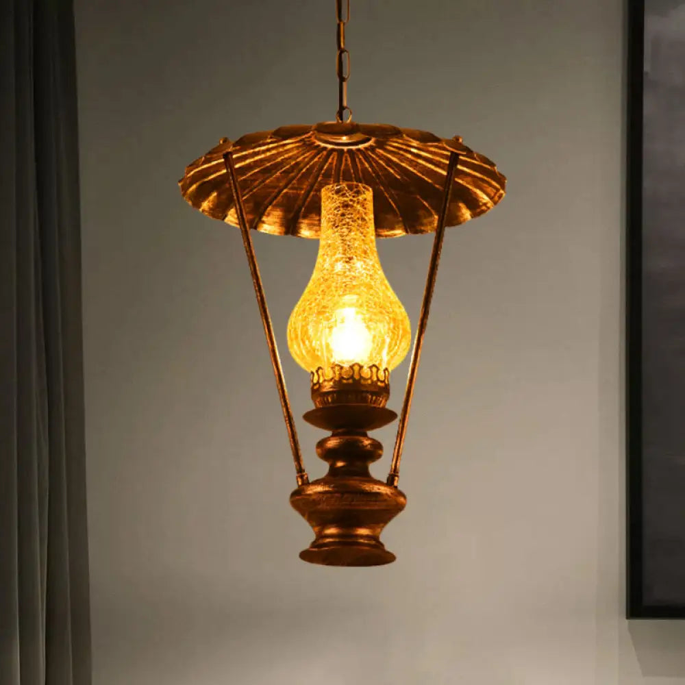 Industrial Lantern Crackle Glass Ceiling Pendant Light for Living Room - 1 Light Hanging