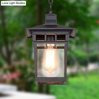 Industrial Lantern Hanging Pendant Lamp - Metal & Clear Glass, 1 Light - Outdoor Porch Lighting in Black/Bronze/Gold