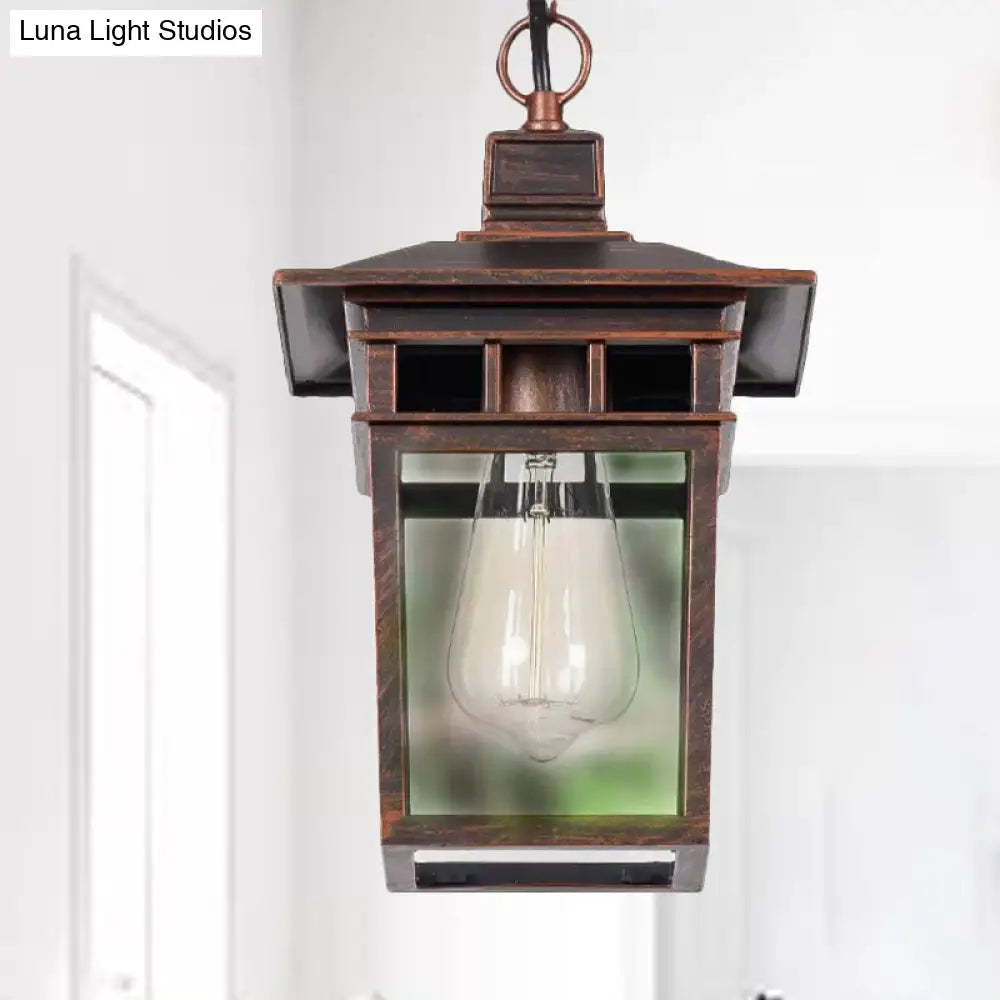 Industrial Lantern Hanging Pendant Lamp - Metal & Clear Glass, 1 Light - Outdoor Porch Lighting in Black/Bronze/Gold