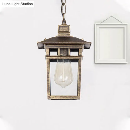 Industrial Lantern Hanging Pendant Lamp - Metal & Clear Glass, 1 Light - Outdoor Porch Lighting in Black/Bronze/Gold