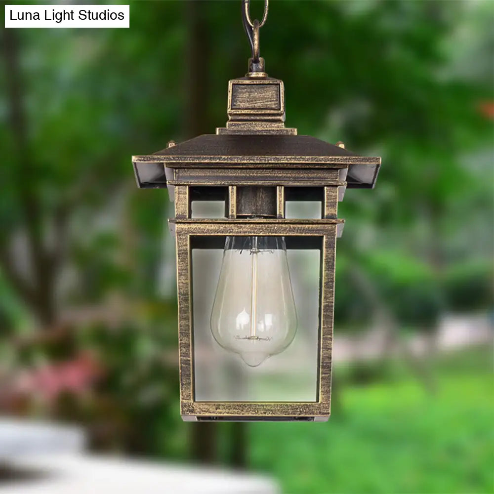 Industrial Lantern Hanging Pendant Lamp - Metal & Clear Glass, 1 Light - Outdoor Porch Lighting in Black/Bronze/Gold