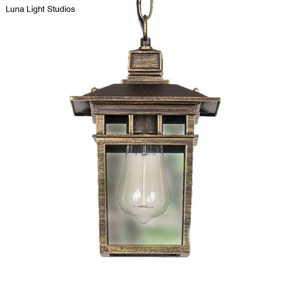 Industrial Lantern Hanging Pendant Lamp - Metal & Clear Glass, 1 Light - Outdoor Porch Lighting in Black/Bronze/Gold