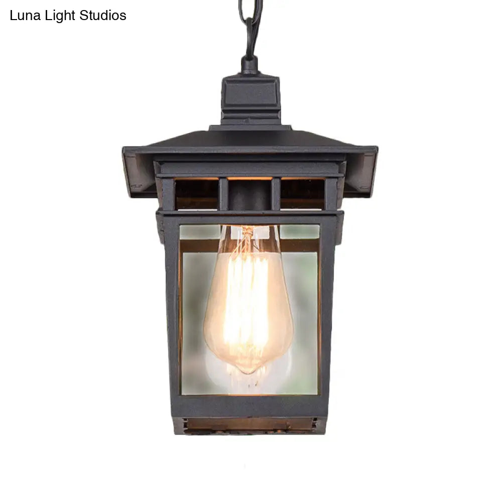 Industrial Lantern Hanging Pendant Lamp - Metal & Clear Glass, 1 Light - Outdoor Porch Lighting in Black/Bronze/Gold