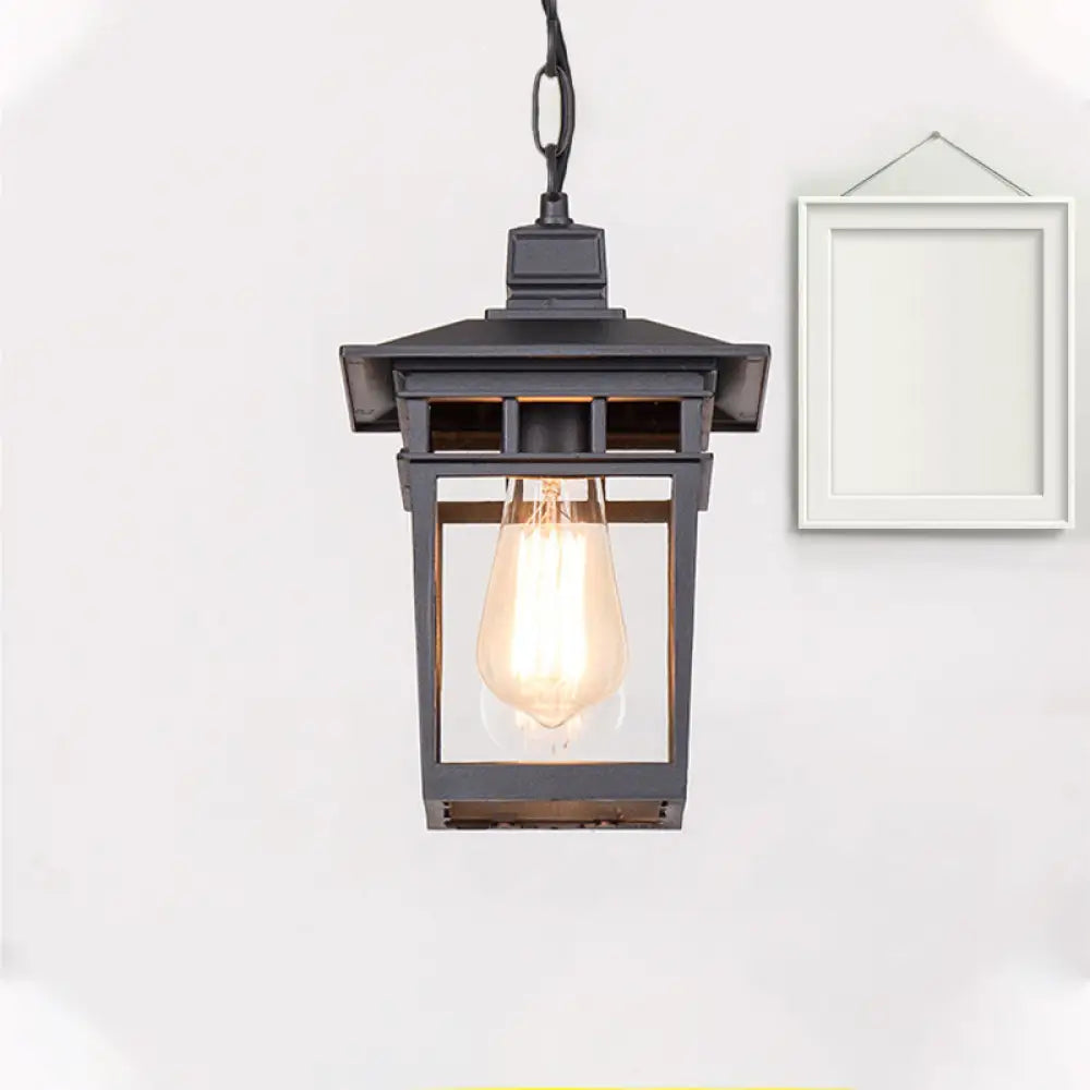 Industrial Lantern Hanging Pendant Lamp - Metal & Clear Glass, 1 Light - Outdoor Porch Lighting in Black/Bronze/Gold