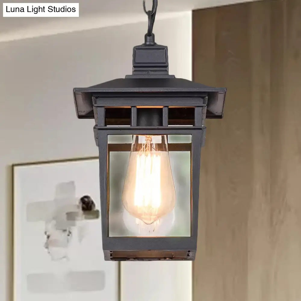 Industrial Lantern Hanging Pendant Lamp - Metal & Clear Glass, 1 Light - Outdoor Porch Lighting in Black/Bronze/Gold