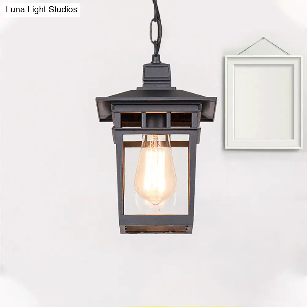 Industrial Lantern Hanging Pendant Lamp - Metal & Clear Glass, 1 Light - Outdoor Porch Lighting in Black/Bronze/Gold